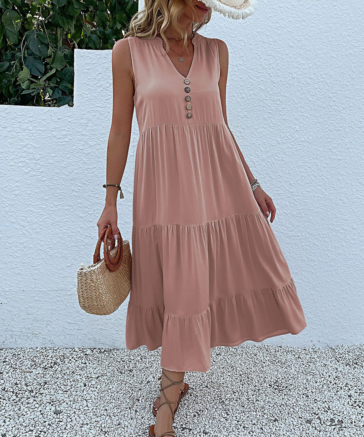 Sleeveless Draped Dress Loose V-neck Mid-Length Dress