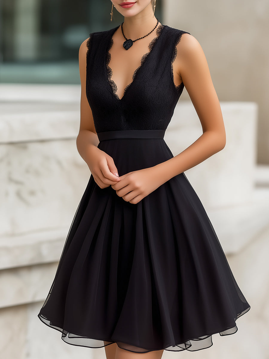 Scalloped Lace V-Neck Sleeveless Fit-and-Flare Mini Dress