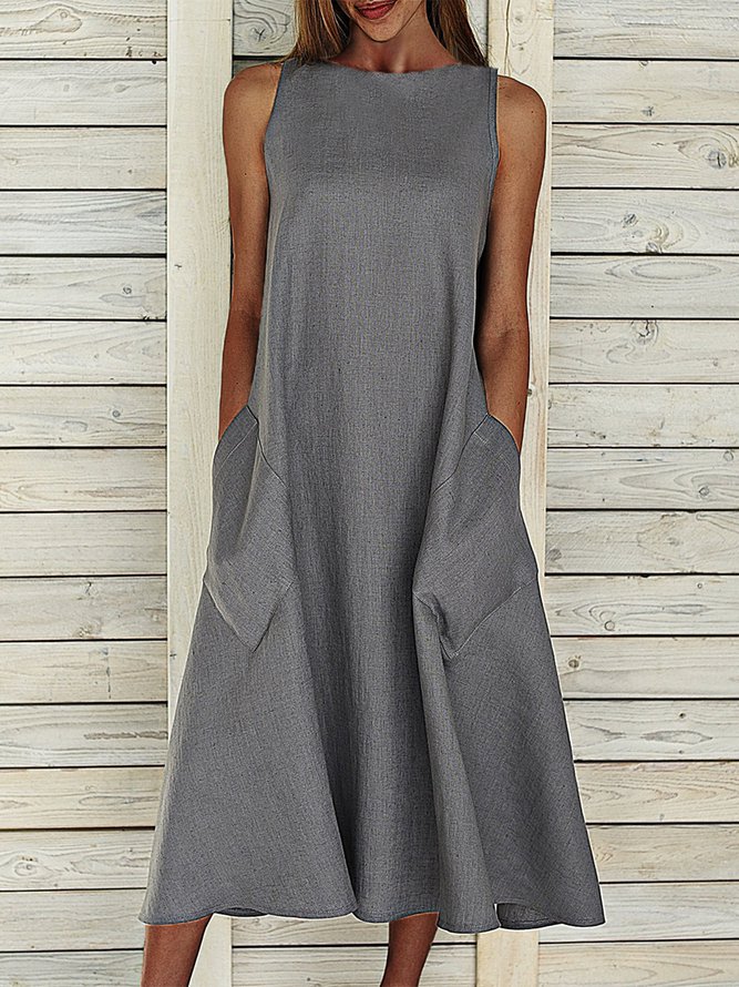 round Neck Sleeveless Double Pocket Dress