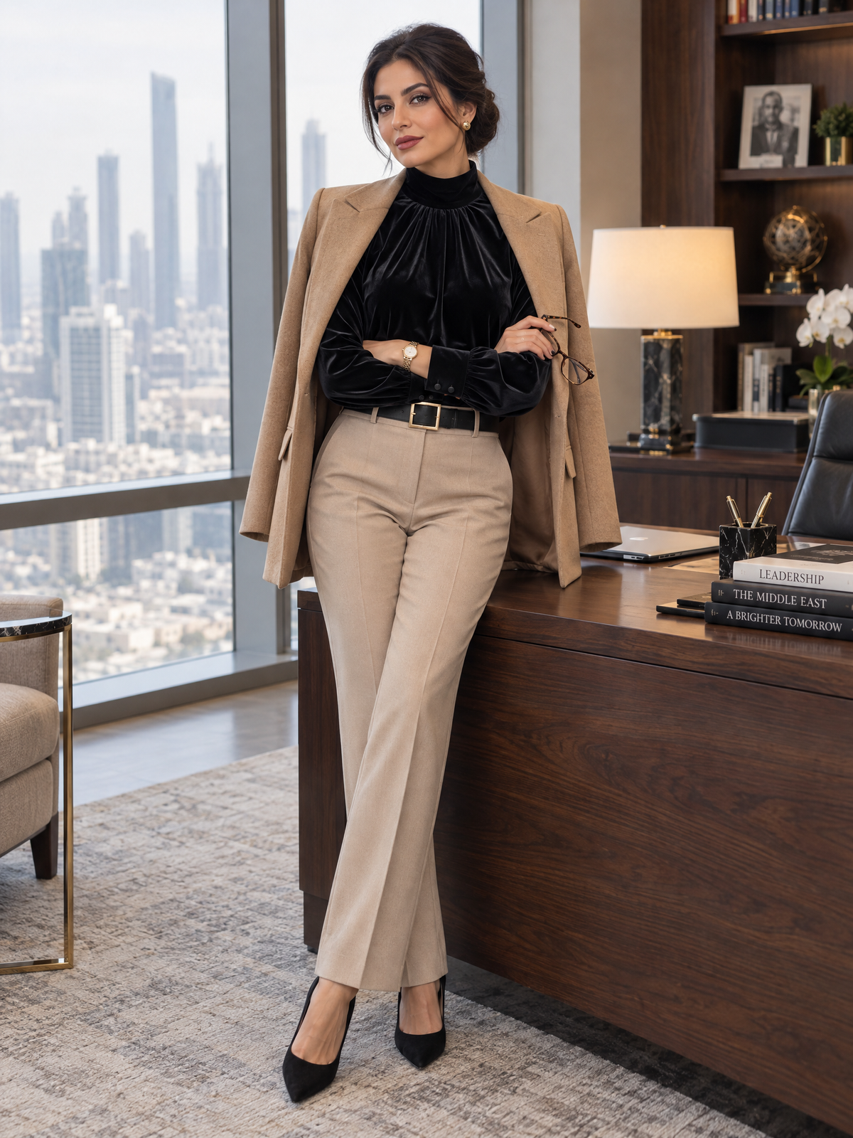 Velvet Mock Neck Gathered Puff Sleeve Blouse