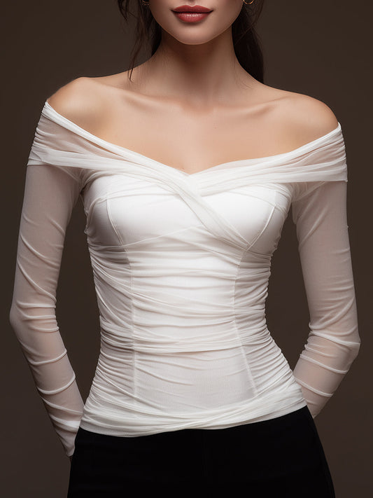 White Off-Shoulder Ruched Mesh Long Sleeve Top