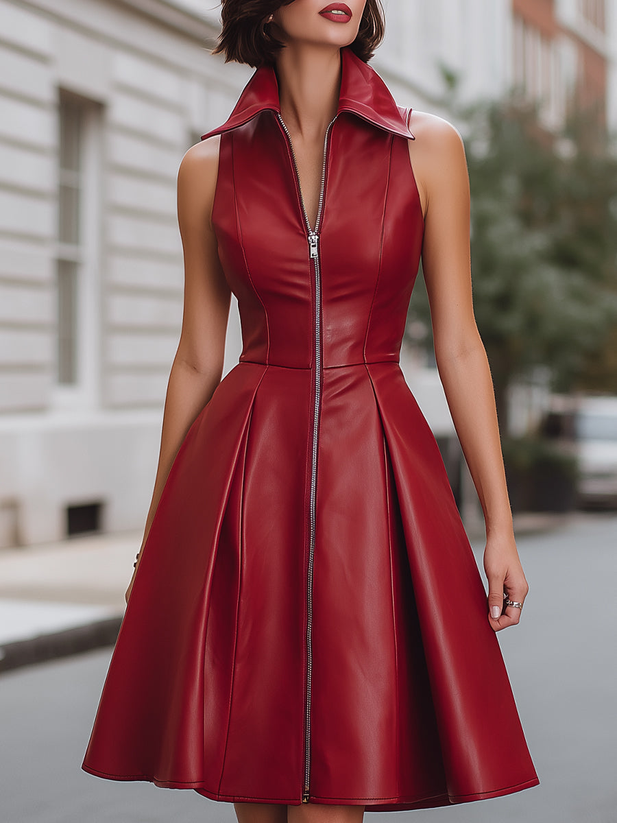 Sleeveless Zip-Front Faux Leather Fit-and-Flare Dress