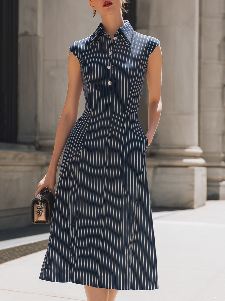 Navy Pinstripe Sleeveless Shirt Midi Dress