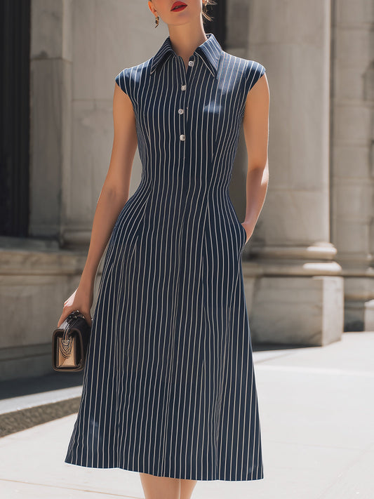 Navy Pinstripe Sleeveless Shirt Midi Dress