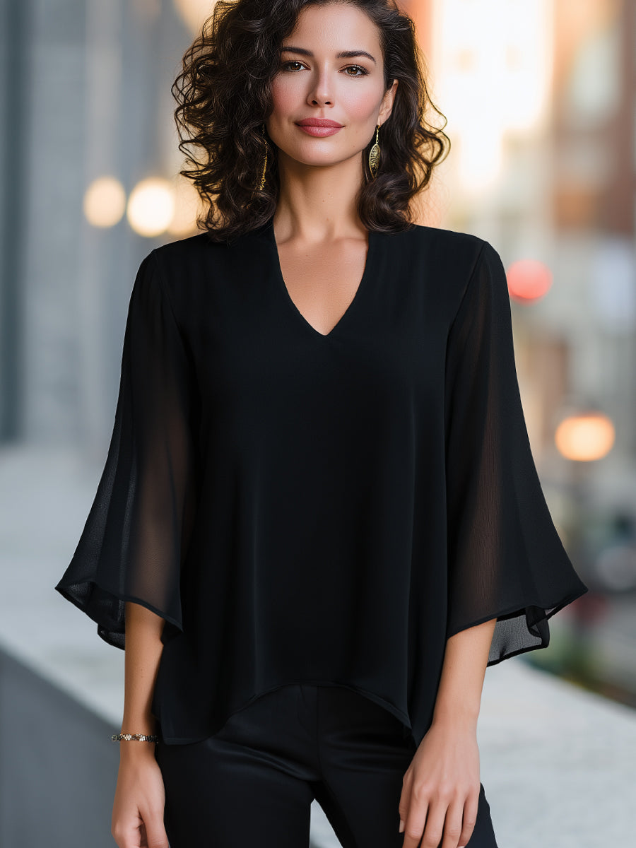 V-Neck Chiffon Cape-Sleeve Blouse