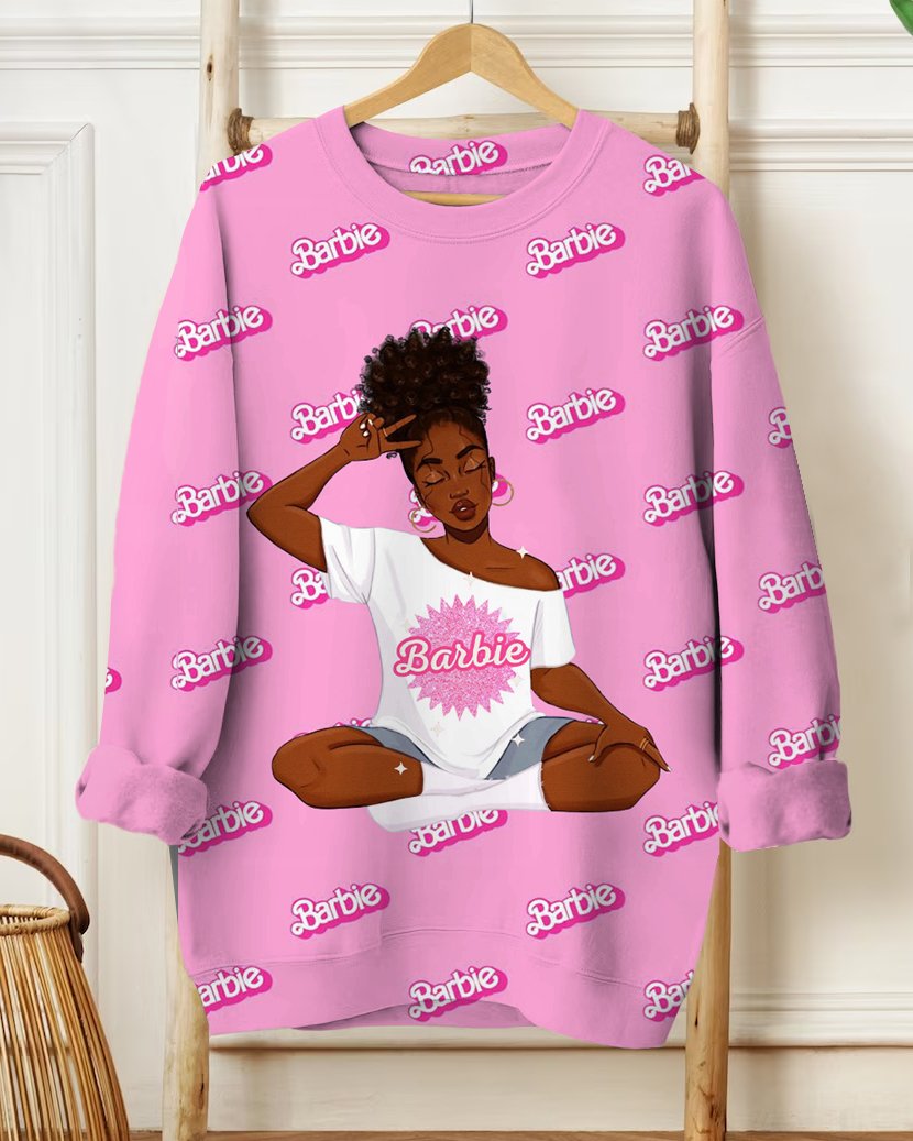 Women's Fashion Barbie Meditate Girl Print Long-sleeved Sweatshirt