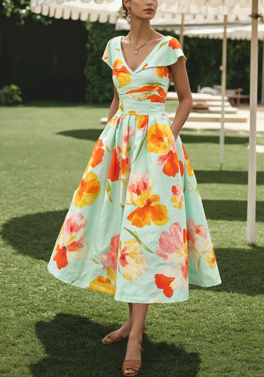 Midi Linen Dress , Short Sleeves, V Neck, Floral, Pocket Design, Vacation, Vintage, Green