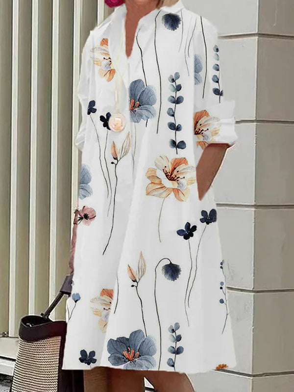 Casual Side Pockets Floral Printed Shirt Tunic Dress