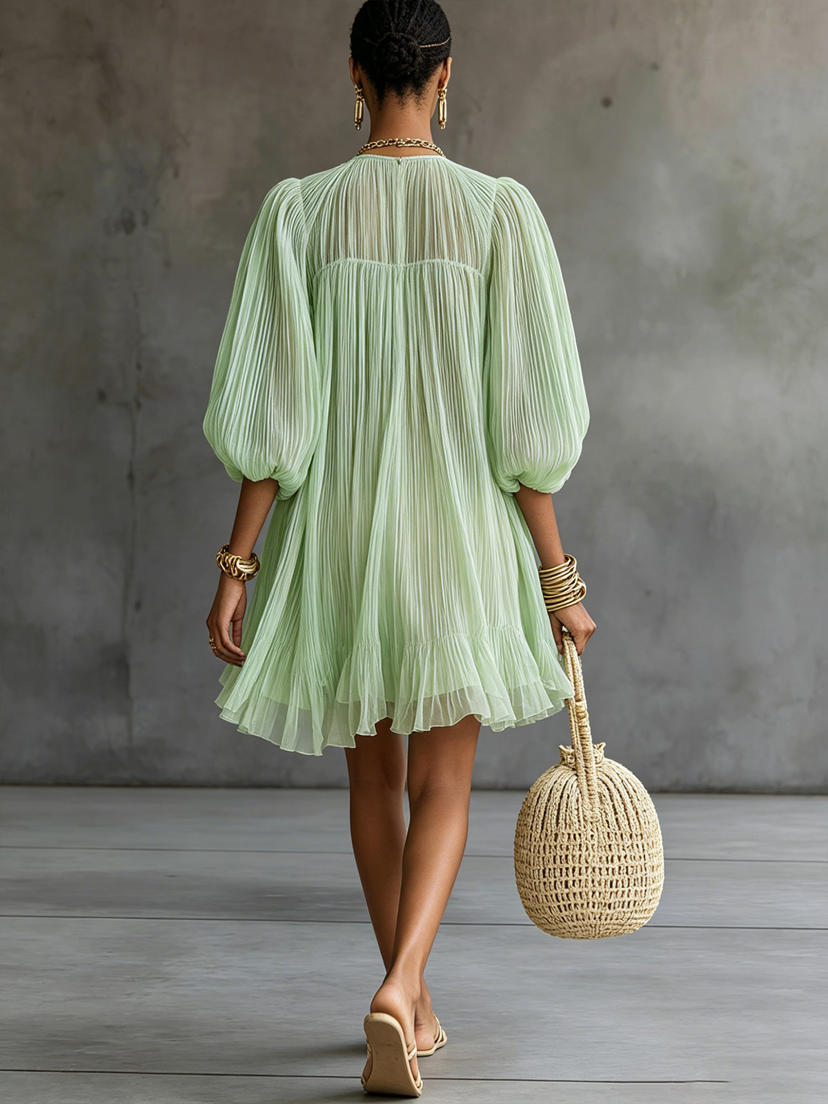 Mint Pleated Chiffon Lantern-Sleeve Mini Dress