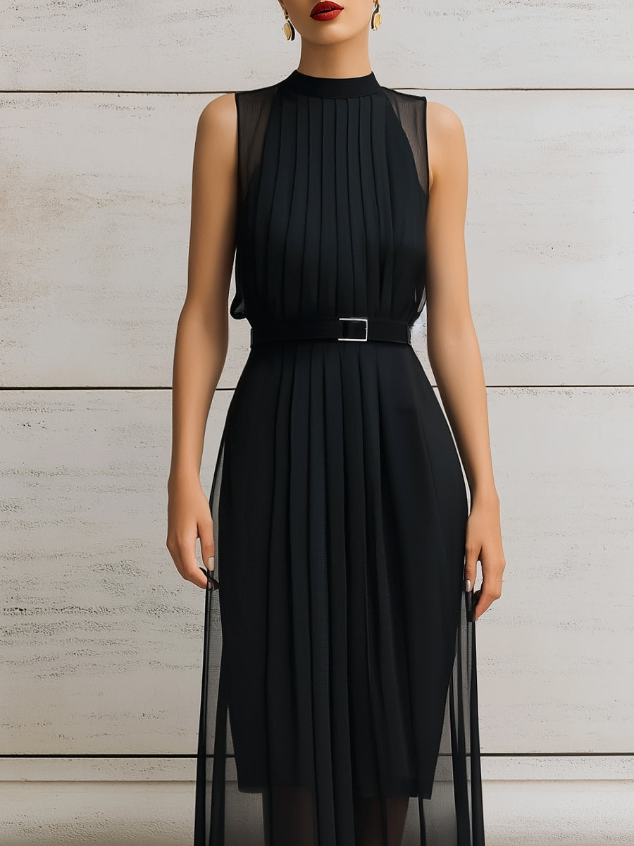 Pleated High-Neck Belted Layered Midi Dress