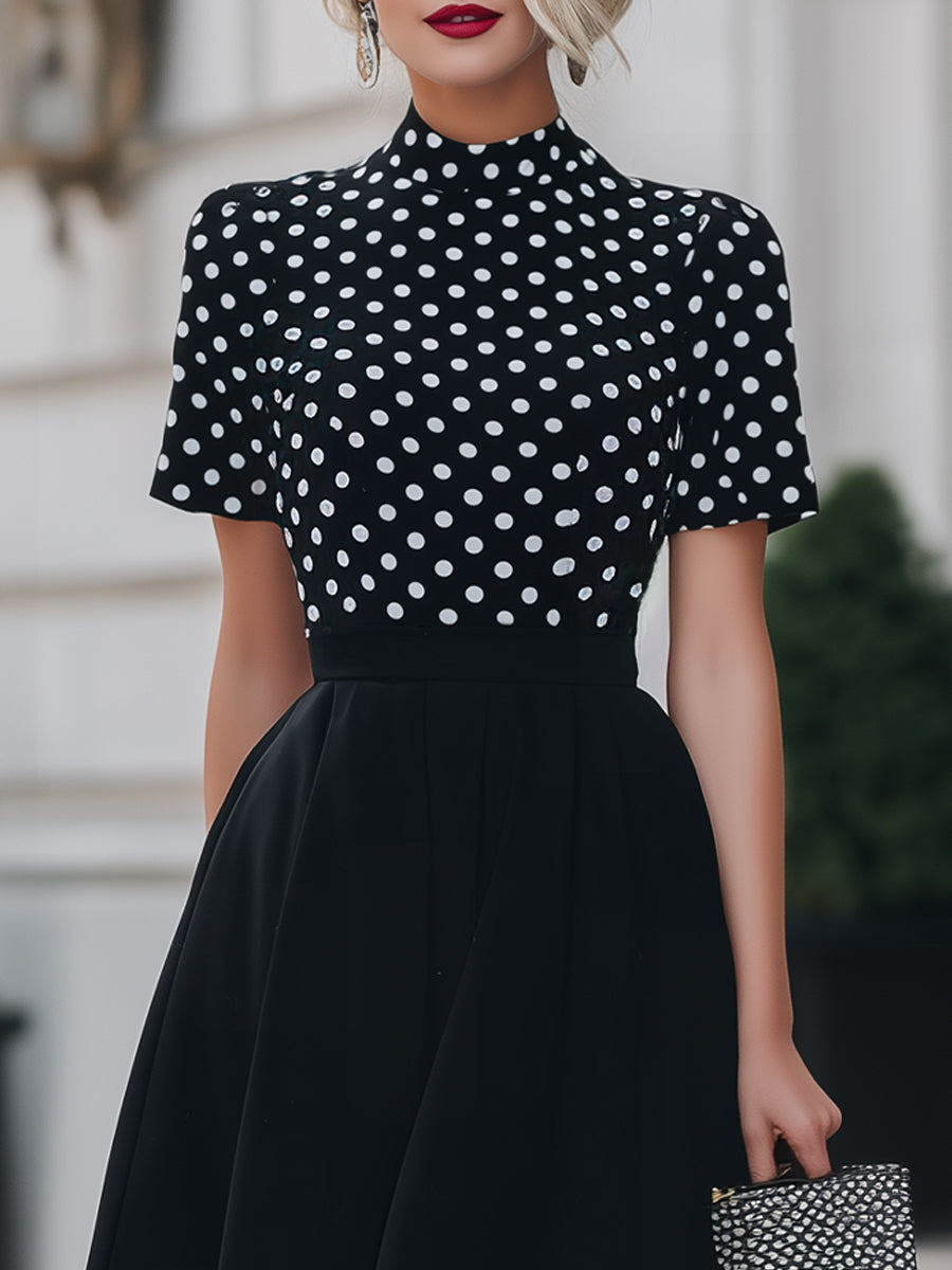 Black Polka Dot Mock Neck Fit-and-Flare Midi Dress