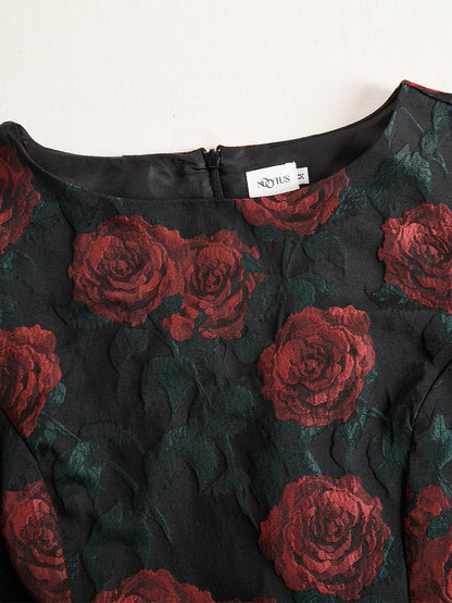 Elegant Jacquard Rose Print Midi Dress