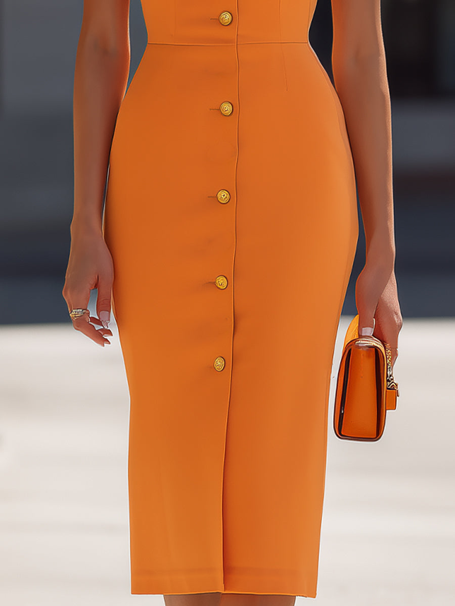 Sleeveless Button-Front Midi Sheath Dress