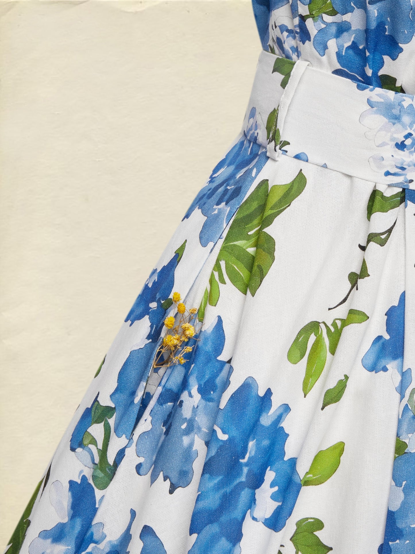 Maxi Linen Dress , Short Sleeves, V Neck, Floral, Belt Design, Vintage, Blue