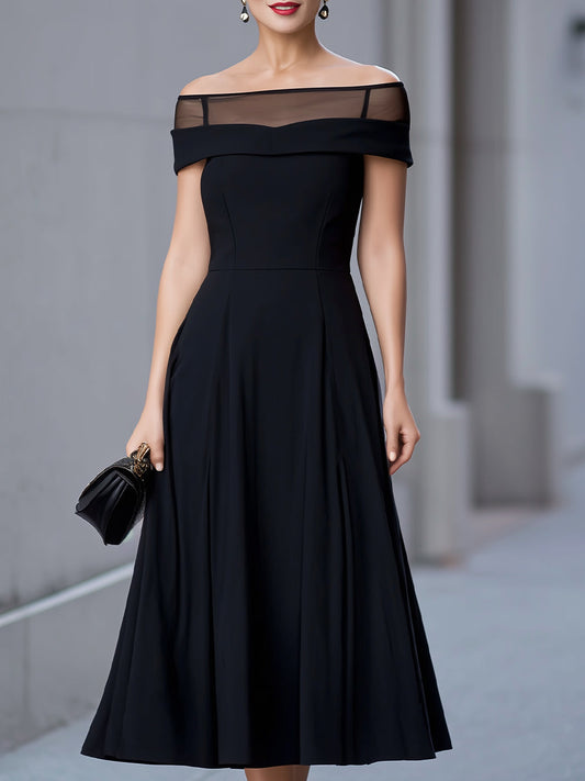 Chic Off-the-Shoulder Black Midi Dress With Sheer Yoke Detail