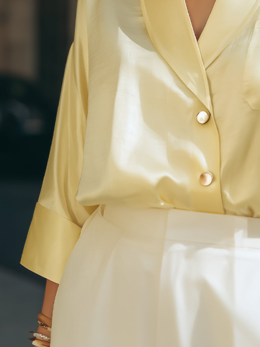 Soft Yellow Satin Wrap-Style Blouse With Relaxed Sleeves