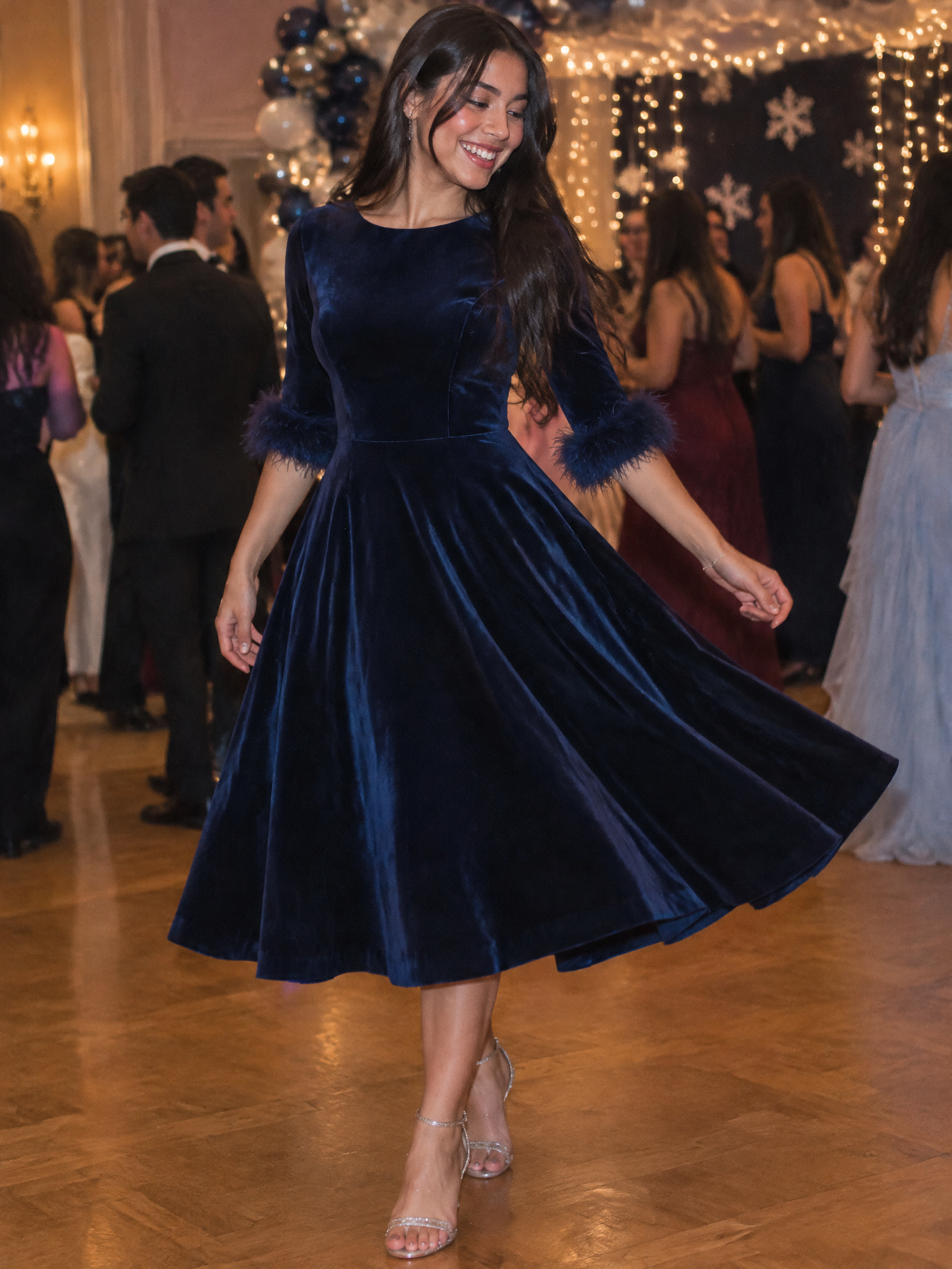 Velvet Round Neck Feather Cuff Fit And Flare Midi Dress
