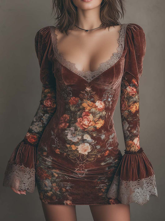 Vintage Floral Velvet Lace Mini Dress