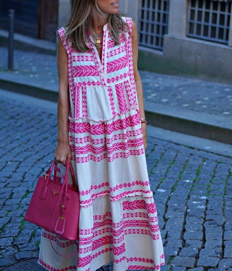 Dress Geometric Printed V-neck Sleeveless Maxi Boho Tunic Dress