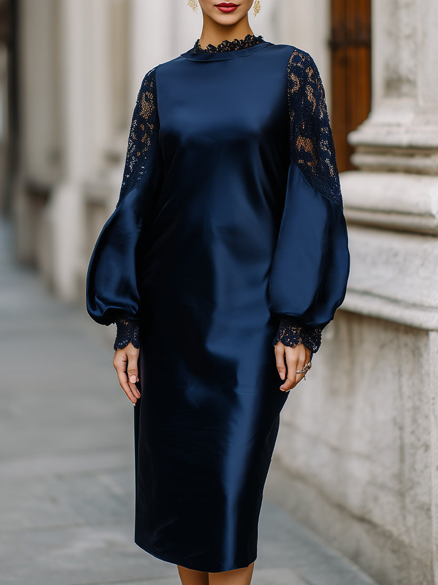 Elegant Satin Midi Dress With Lace Balloon Sleeves