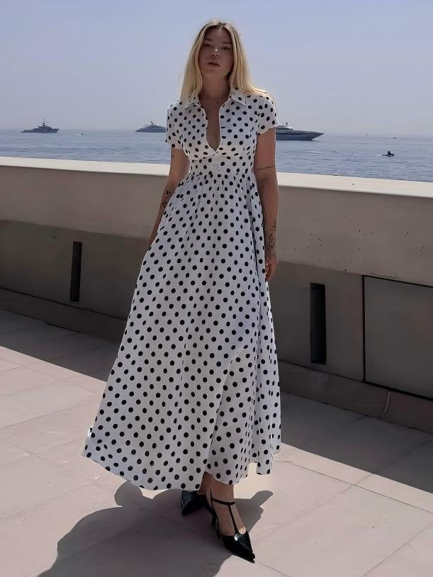 Cotton Maxi Dress, Short Sleeve, Shawl Collar, Polka Dot, Vintage, White