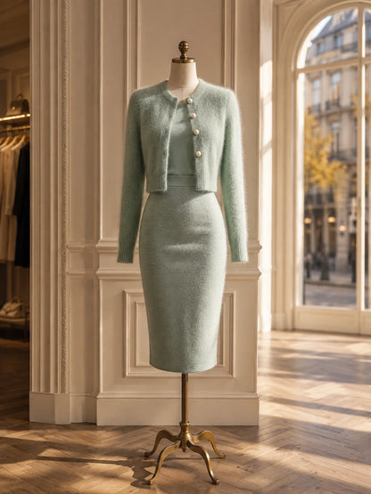 Desk-to-Dinner Grace: Refined Cropped Cardigan & Sleek Midi Dress Set