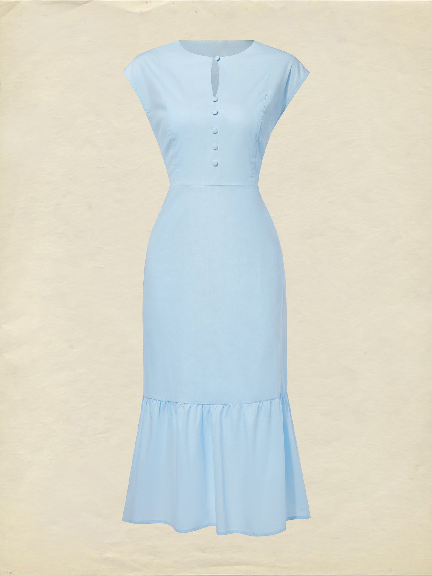 Midi Linen Dress, Crew Collar, Cap Sleeve,  Button Down, Cottagecore, Linen Blend, Blue