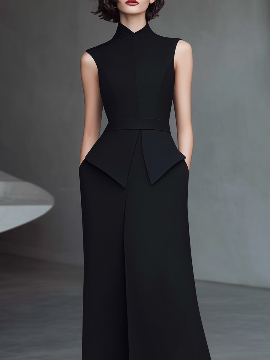 Black High-Neck Structured Sleeveless Maxi Dress
