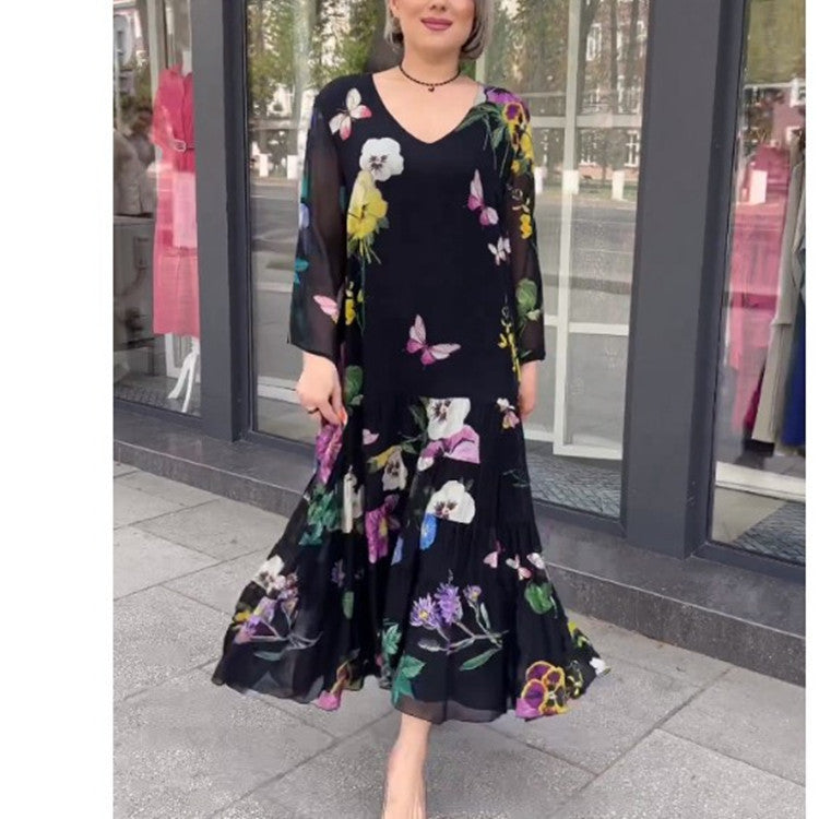 Elegant Floral Deep V-neck Half Sleeve Boho Dress