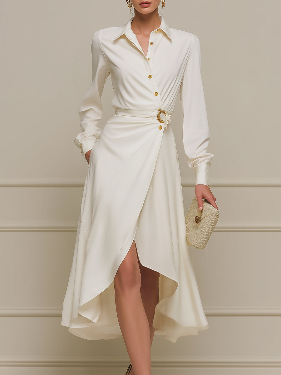 Button-Front Wrap Midi Dress With Sculpted Waist