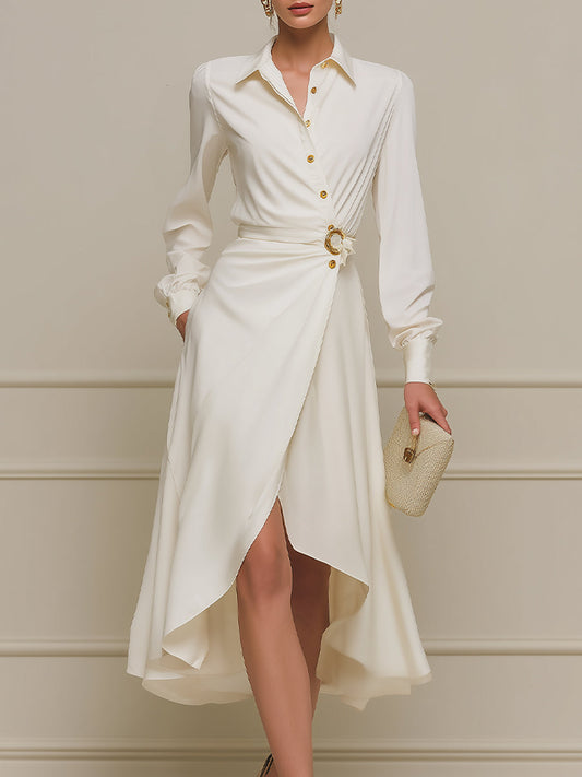 Button-Front Wrap Midi Dress With Sculpted Waist