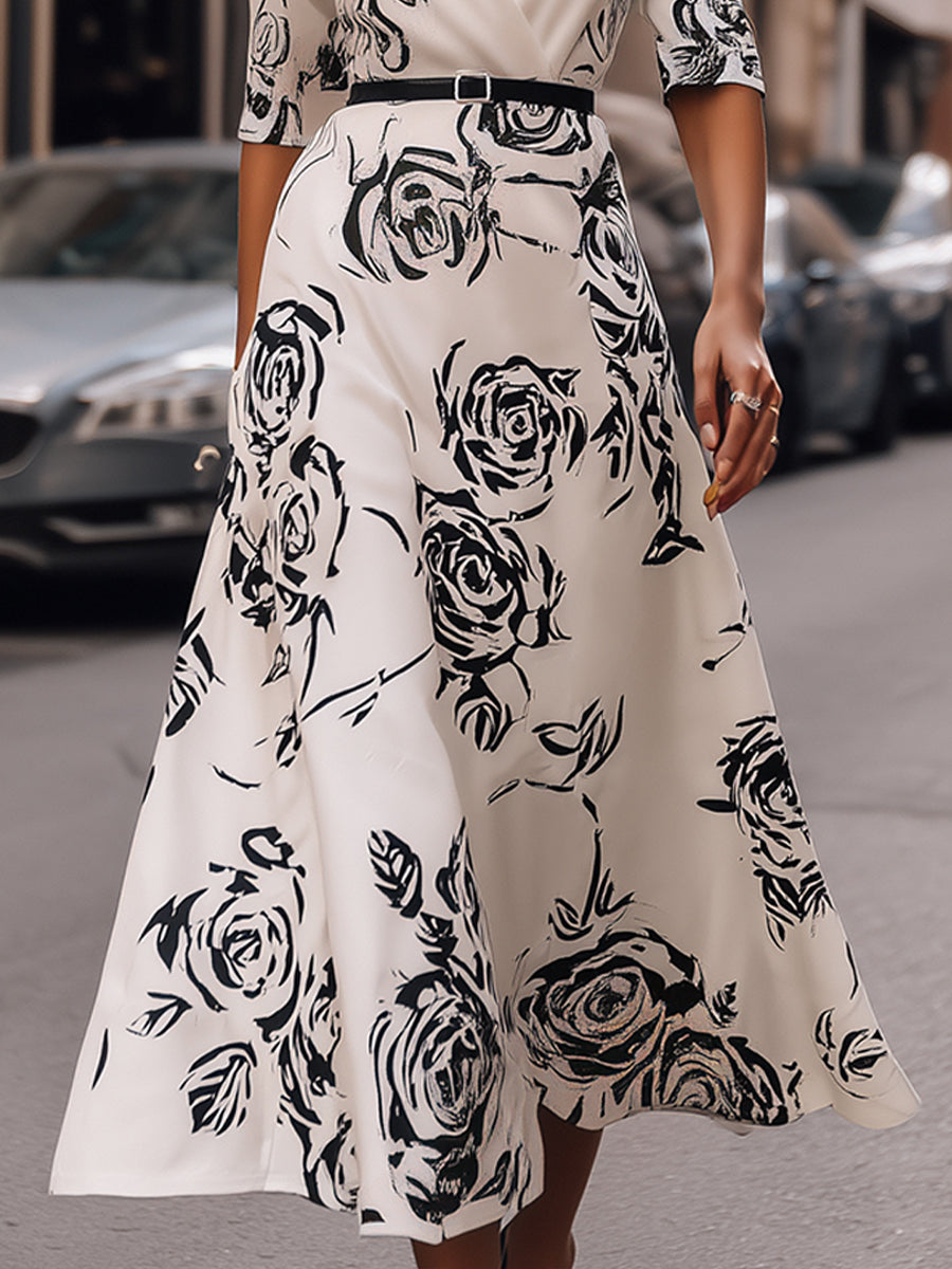 Elegant IRose Print Belted Wrap Midi Dress