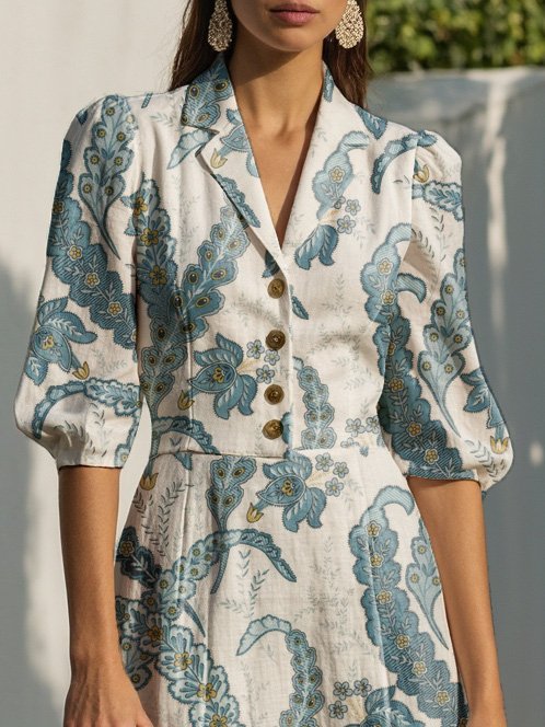 Maxi Linen Dress, Half Sleeve, Shawl Collar, Paisley, Button Design, Vacation, Vintage, White