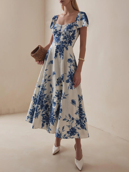 Maxi Linen Dress , Short Sleeves, Square Neck, Floral, Vacation, French Vintage, Blue