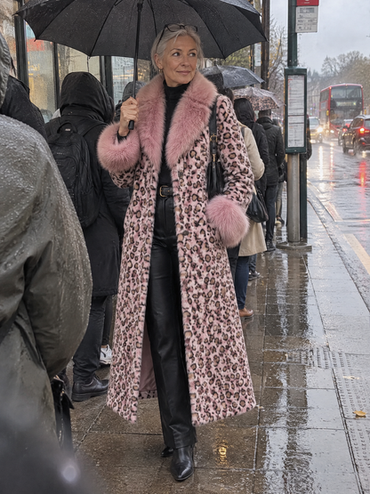 Elegant Pink Leopard Print Faux Fur Long Coat With Fluffy Collar And Cuffs