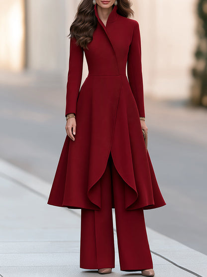 Elegant Burgundy High-Neck Long-Sleeve A-Line Coat-Style Dress and Wide-Leg Trousers Set