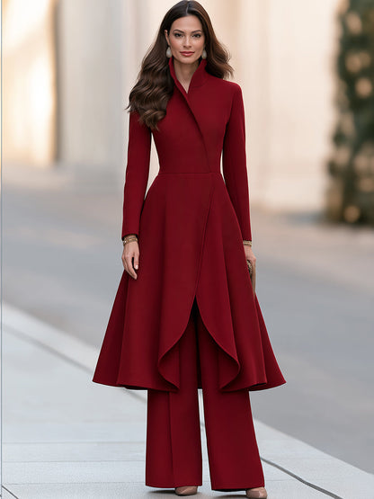 Elegant Burgundy High-Neck Long-Sleeve A-Line Coat-Style Dress and Wide-Leg Trousers Set