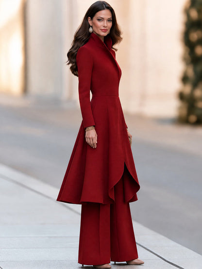 Elegant Burgundy High-Neck Long-Sleeve A-Line Coat-Style Dress and Wide-Leg Trousers Set