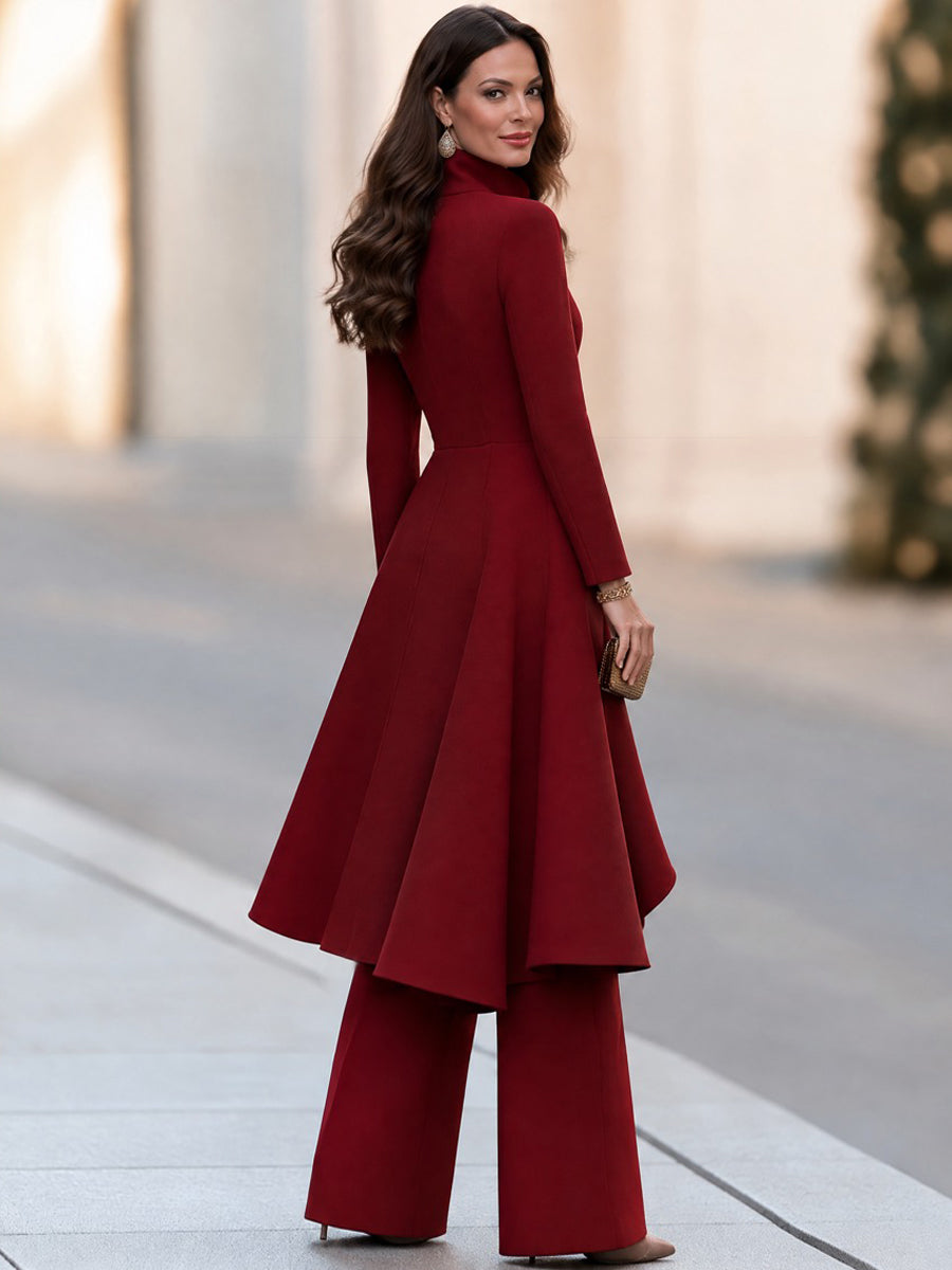Elegant Burgundy High-Neck Long-Sleeve A-Line Coat-Style Dress and Wide-Leg Trousers Set