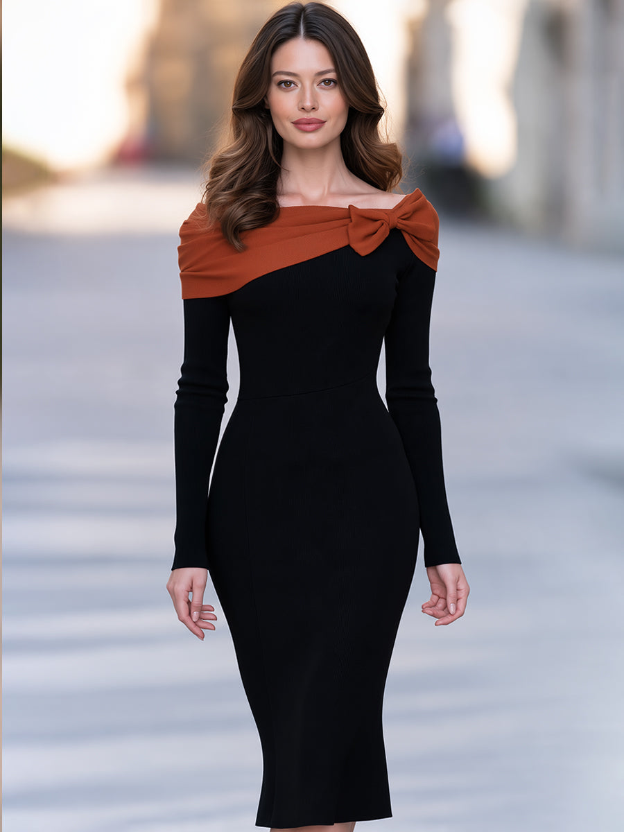 Women’s Elegant Off-Shoulder Black Contrast Bow Detail Knit Dress