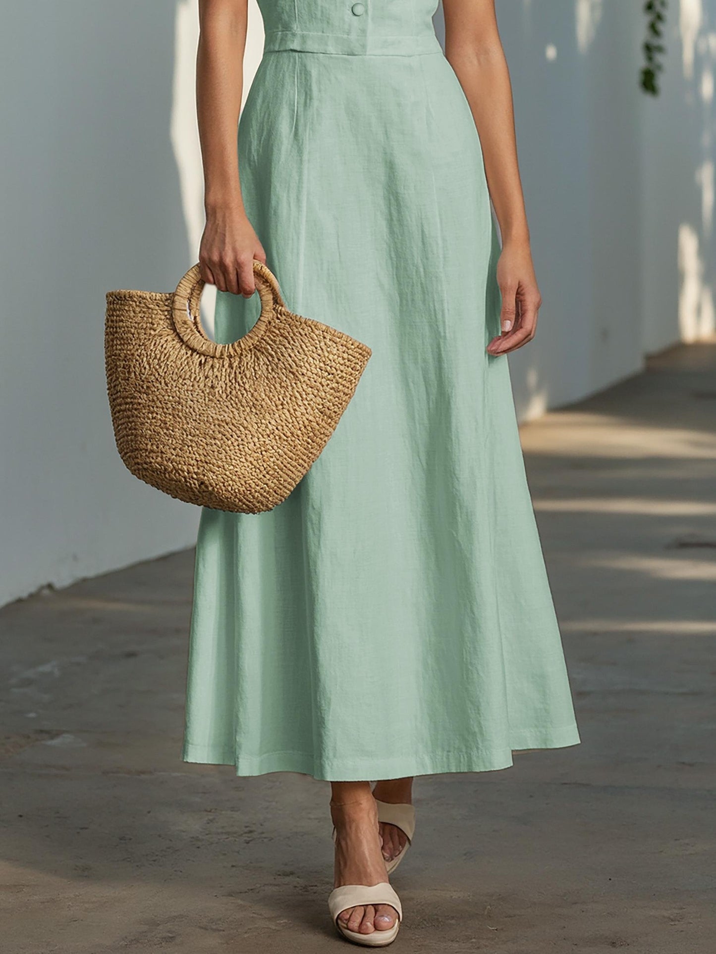 Maxi Linen-Cotton Blend Dress , Cap Sleeves, Shawl Collar, Plain, Button Design, Vintage, Pink