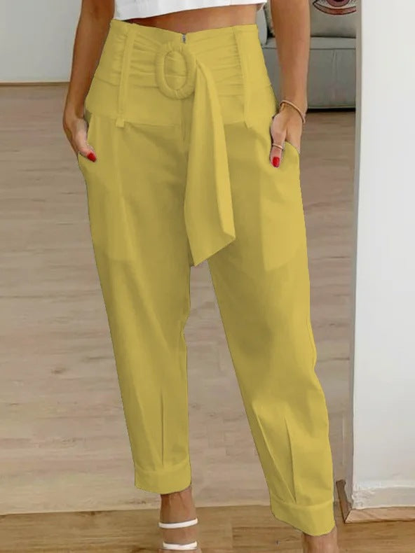 Spring and Summer New Casual Pocket Belt Long Pants Suit Pants