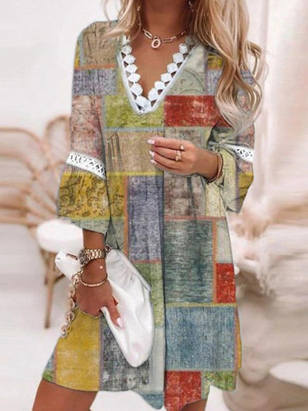 V-neck Printed Lace Stitching Bohemian Casual Boho Tunic Dress