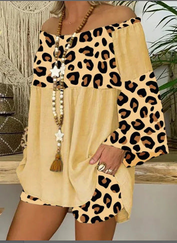 Plus Size Leopard Splicing Loose plus Size Cotton and Linen Suit