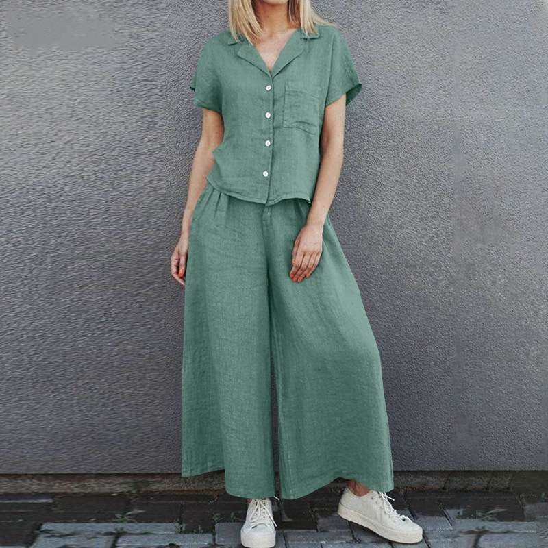 Plus Size Lapel Short Sleeve Shirt High Waist Loose Trousers Two-Piece Suit