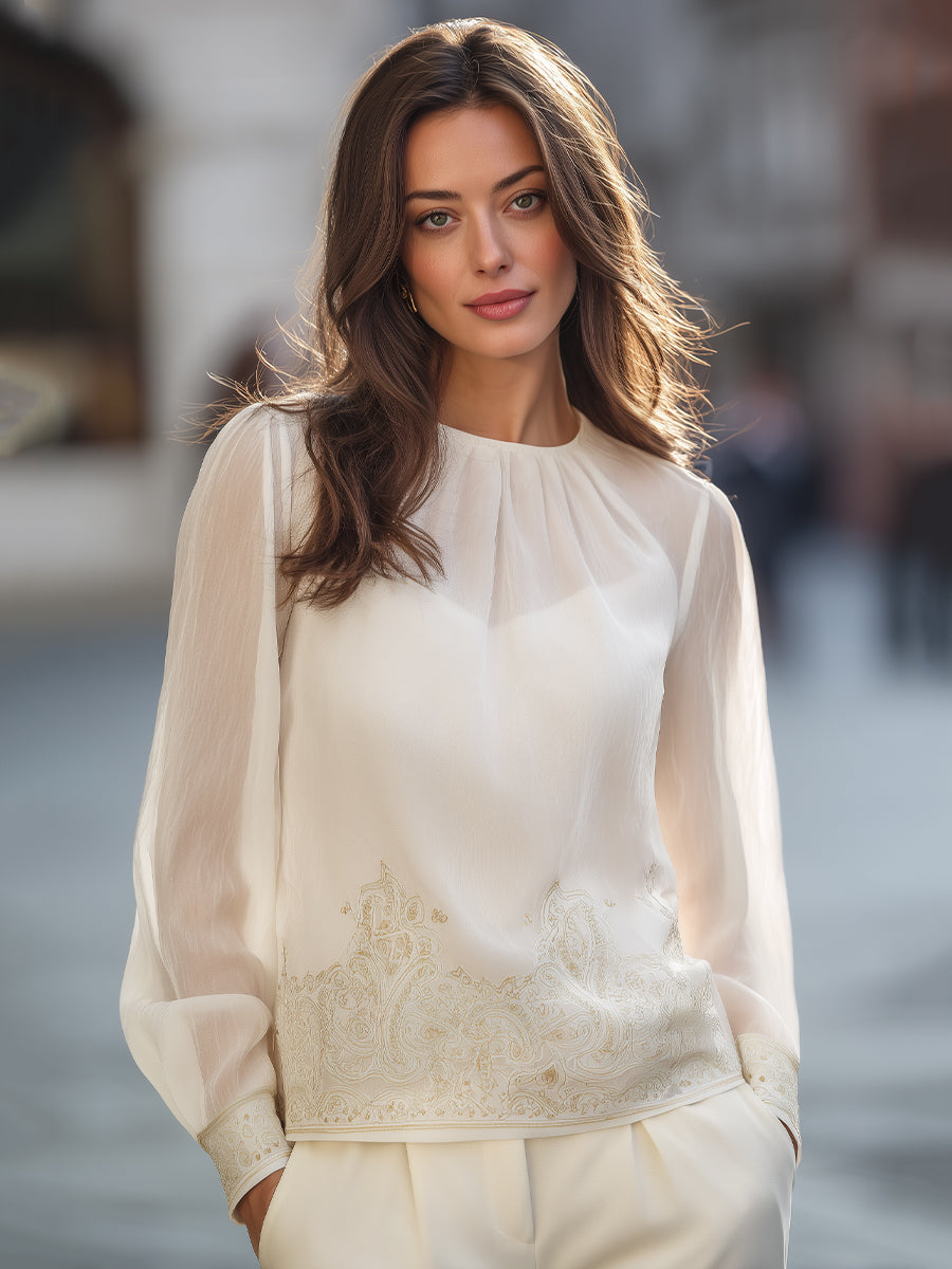 Elegant Print Sheer-Sleeve Blouse