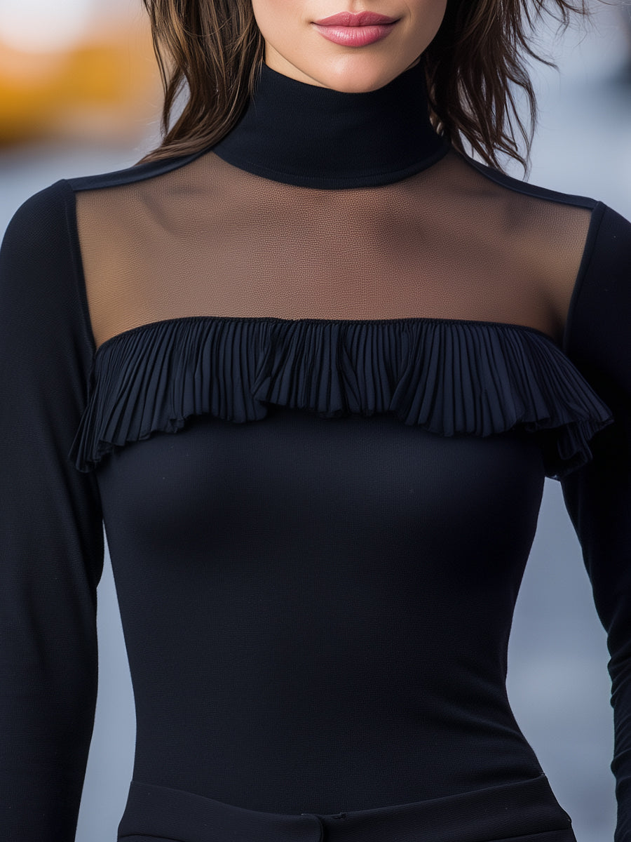Sheer Mesh Yoke Ruffle High-Neck Long Sleeve Top