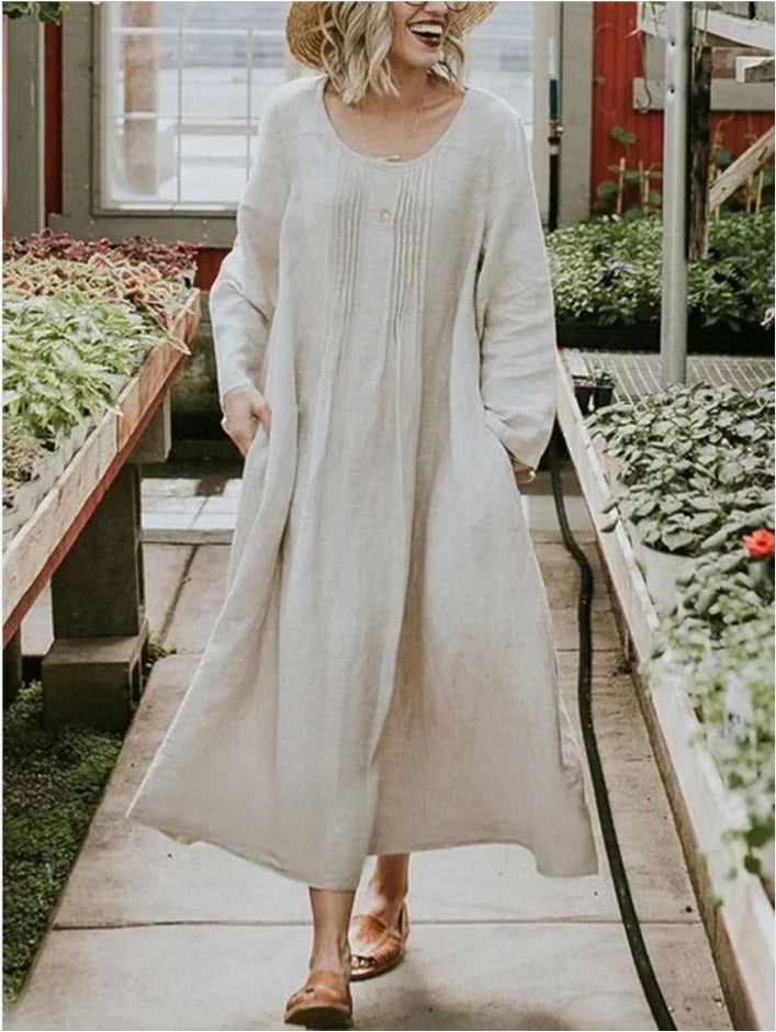 Plus Size Autumn Pleated Pocket Solid Color Long Sleeve Cotton and Linen Dress