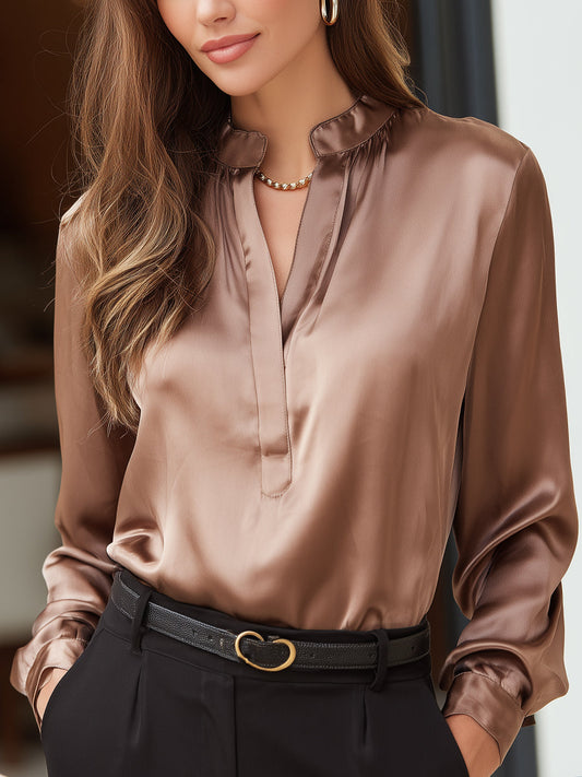Elegant Satin Split-Neck Long Sleeve Blouse