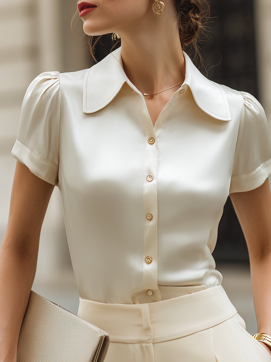 Short Sleeve Tailored Button-Front Blouse